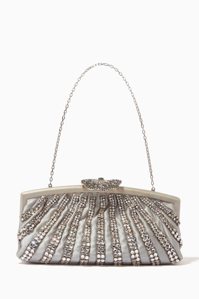 

Flower Clasp Swarovski Crystal Clutch, Silver