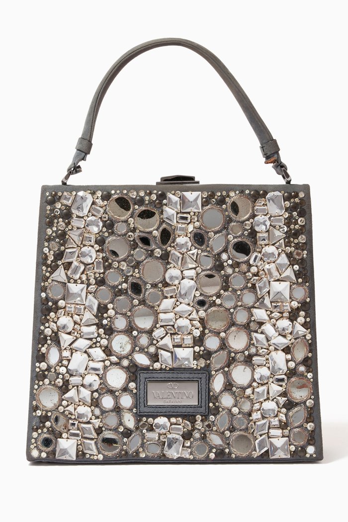 

Top Handle Embellished Crystal Bag in Suede, Grey