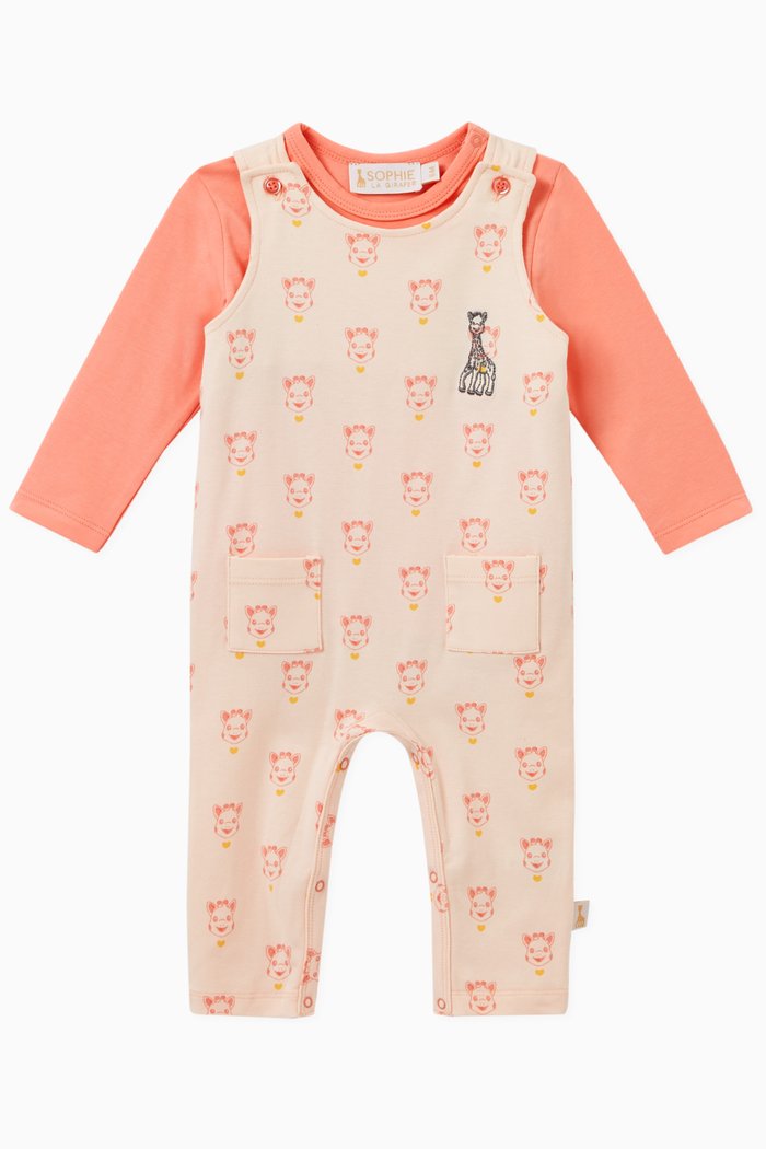 

Giraffe Print T-shirt & Dungaree Set in Cotton, Orange