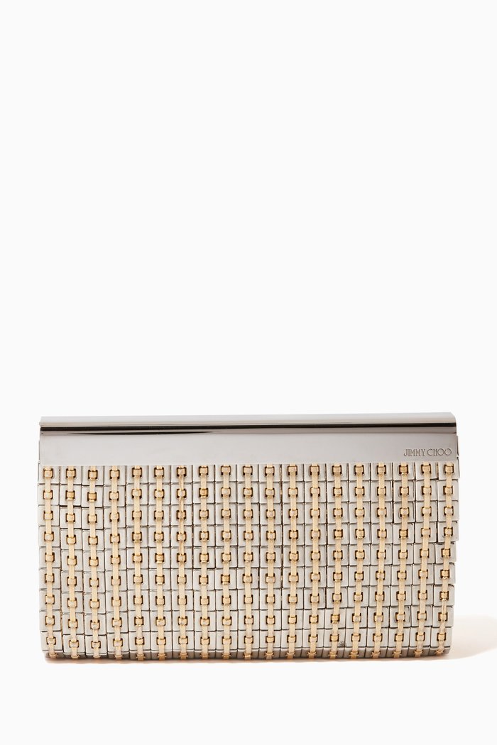

Cayla Clutch in Metal, Leather & Satin, Gold