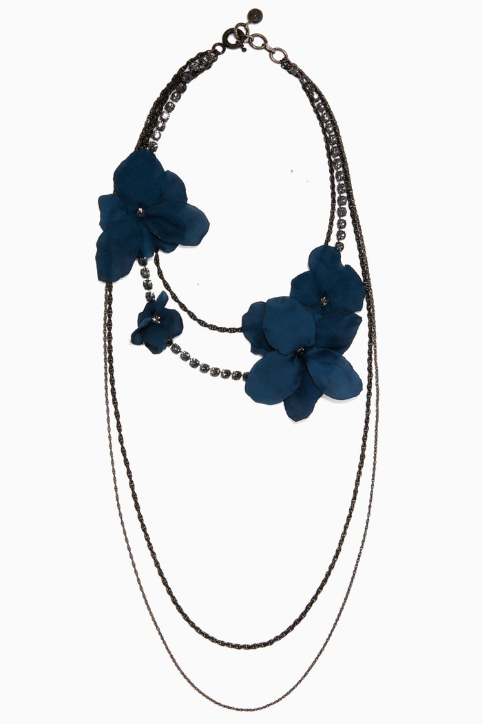 

Crystal Embellished Flower Necklace in Brass, Blue