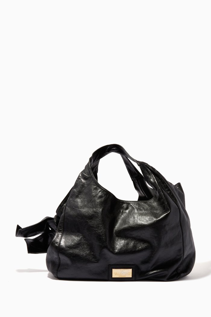 

Nuage Bow Hobo Tote Bag in Leather, Black