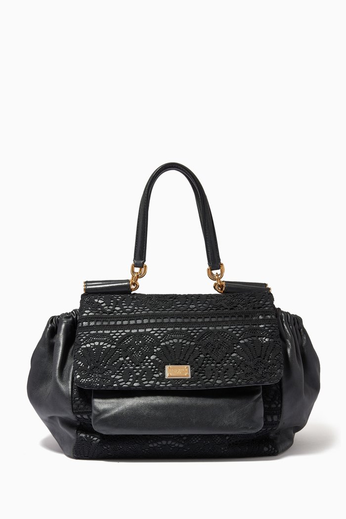

Floral Embroidery Bag in Leather, Black