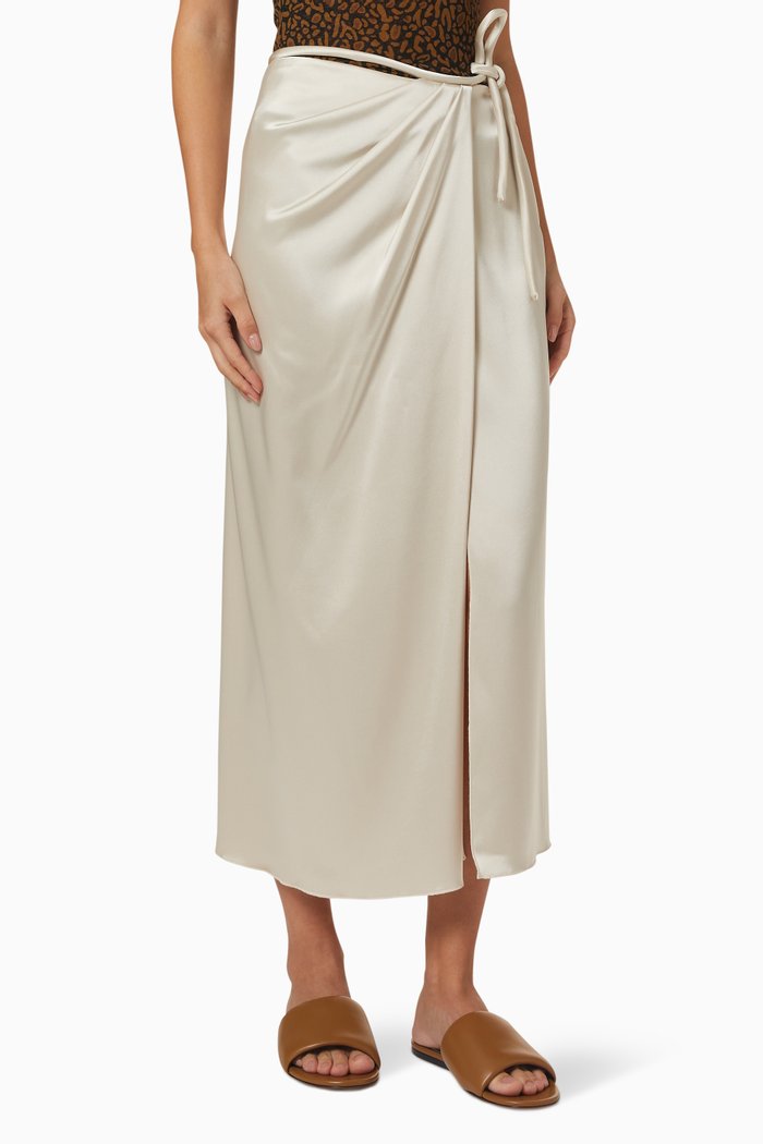 Lea Faux Wrap Skirt in Satin, Neutral