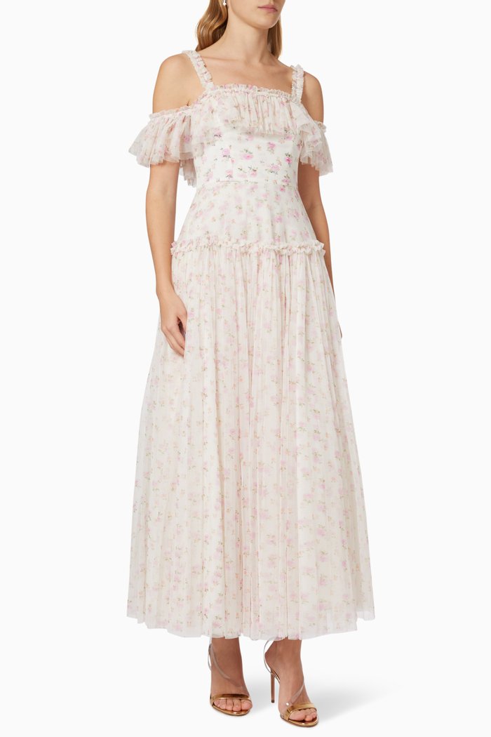 

Bijou Rose Off Shoulder Ankle Gown in Tulle, Pink