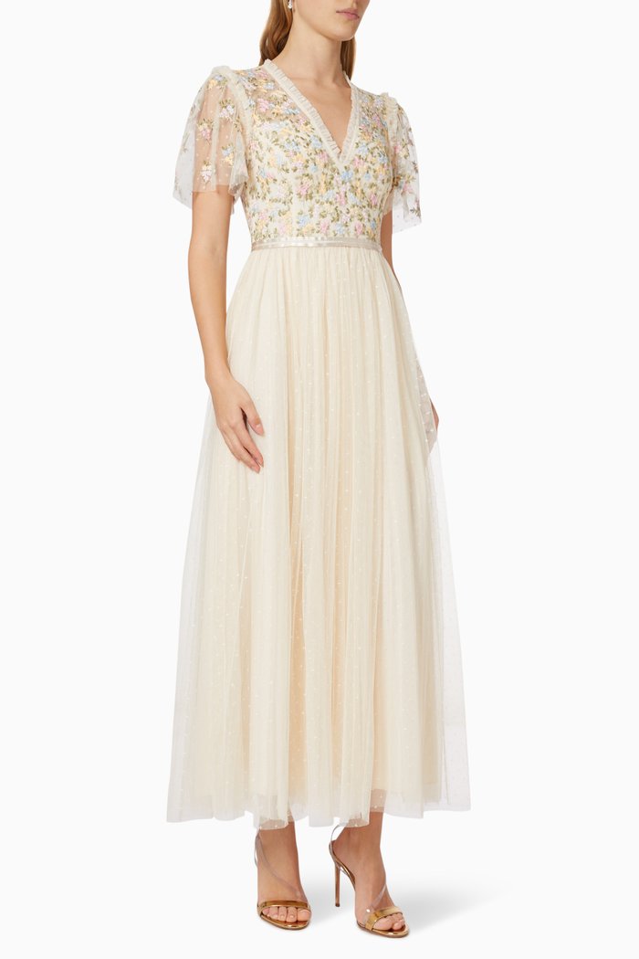 

Emma Ditsy Bodice Ankle Gown in Tulle, Neutral