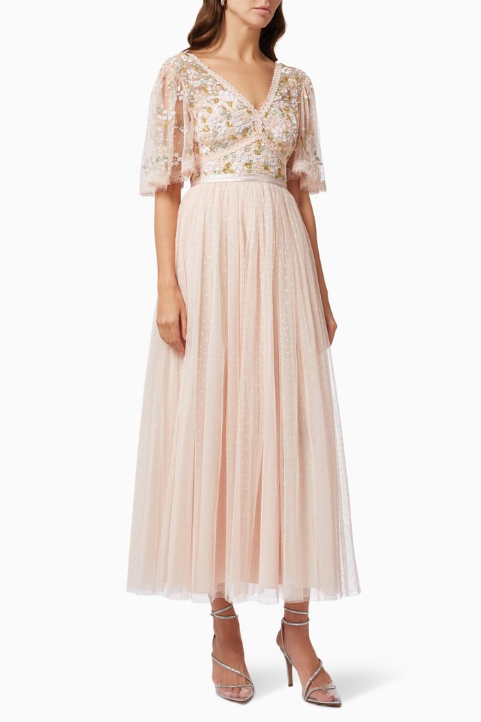 

Shimmer Primrose Bodice Ankle Gown in Tulle, Pink