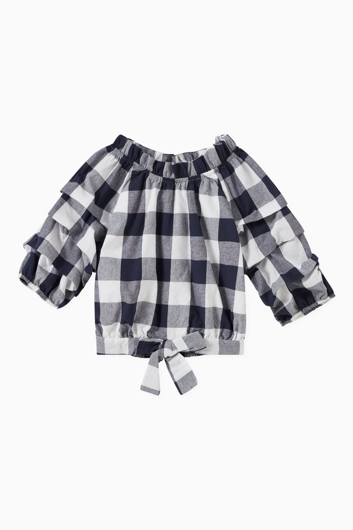 

Puff Sleeve Gingham Top in Cotton Blend, Blue