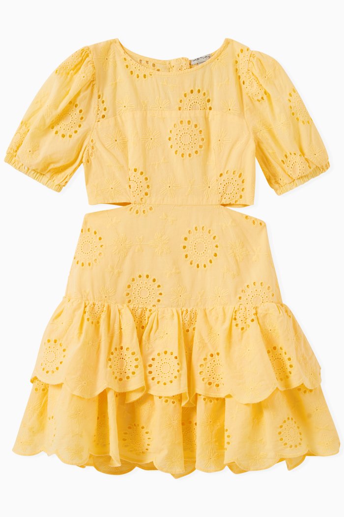 

Eyelet Tiered Dress in Cotton, Yellow