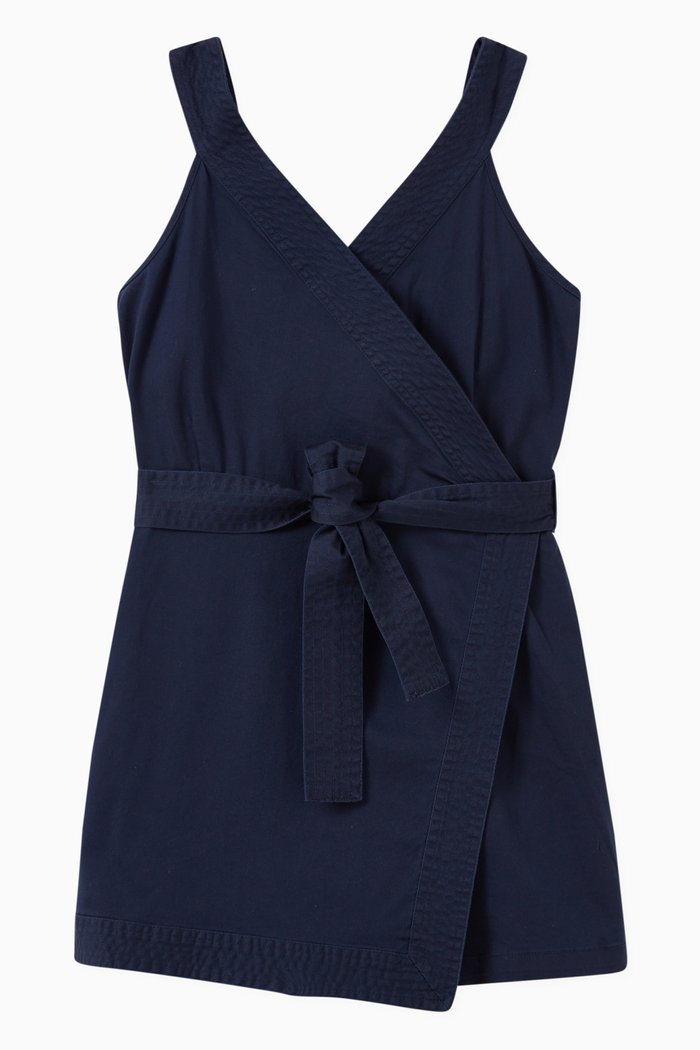 

Mock Wrap Romper in Stretch Cotton, Blue