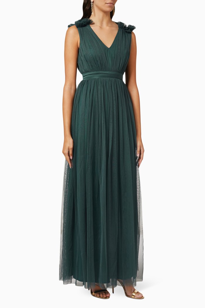 

Ruffle Shoulder Maxi Dress, Green