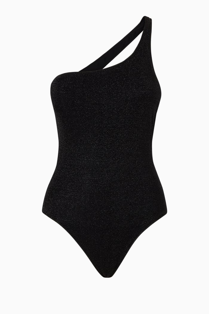 

Lumiere Asymmetrical Maillot in Metallic Nylon, Black