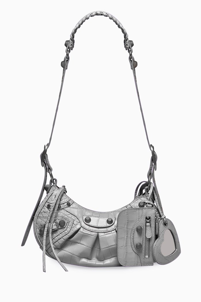

Le Cagole XS Shoulder Bag in Crocodile Embossed Calfskin, Grey