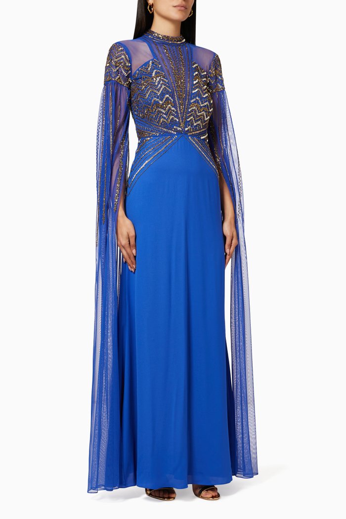 

Cap Sleeve Gown in Beaded Tulle, Blue