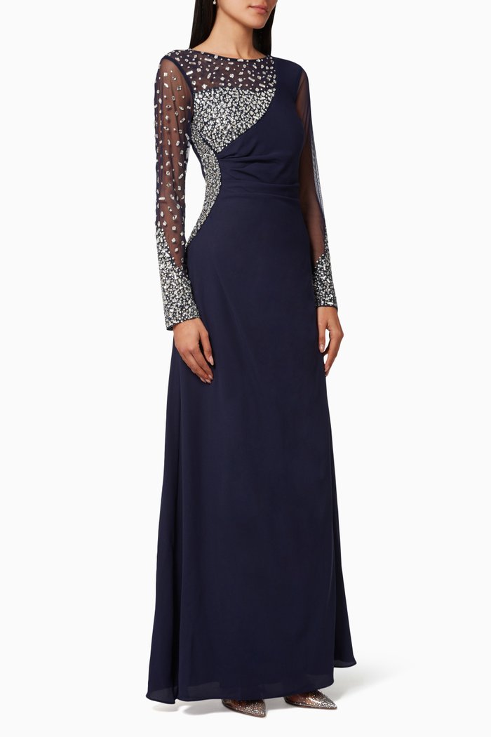 

Asymmetric Gown in Beaded Tulle, Blue