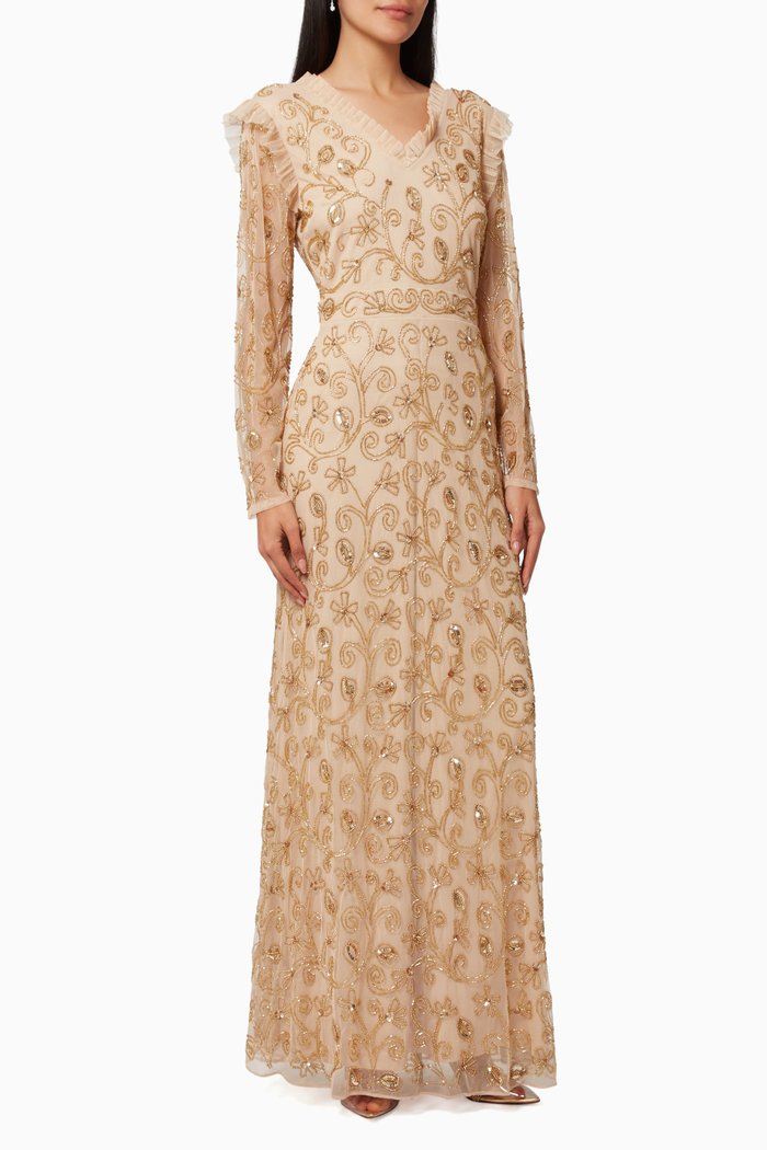 

Ruffled Trim Dress in Beaded Tulle, Gold