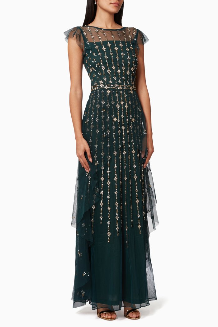

Angel Sleeve Gown in Beaded Tulle, Green