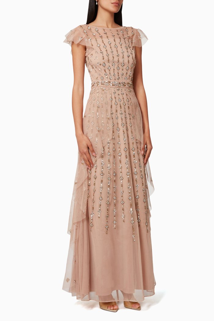 

Angel Sleeve Gown in Beaded Tulle, Pink