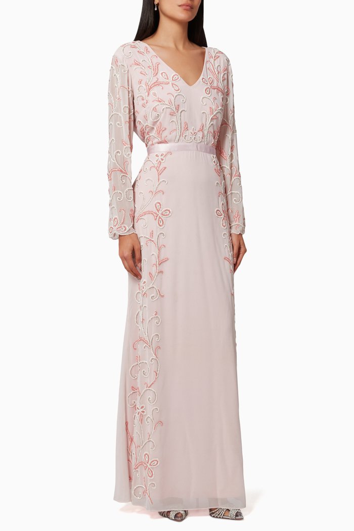 

Belted Gown in Floral Embroidery Beaded Crepe, Pink