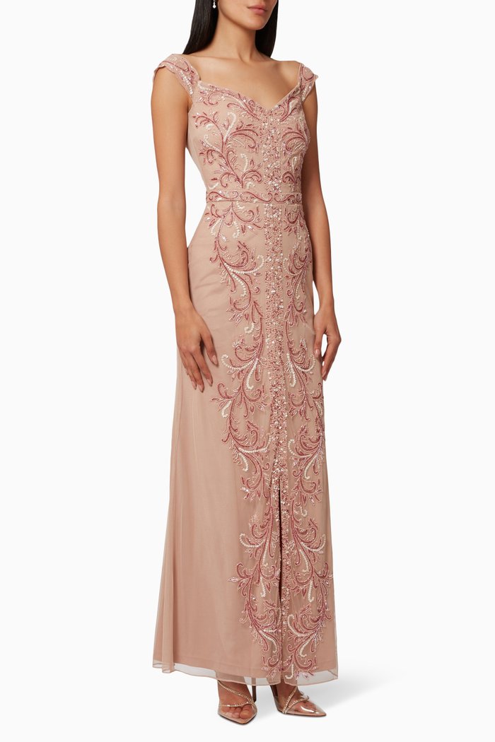 

Off Shoulder Gown in Beaded Net, Pink