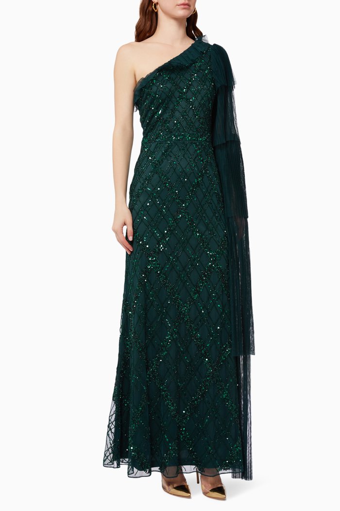 

One Shoulder Cape Gown in Beaded Tulle, Green