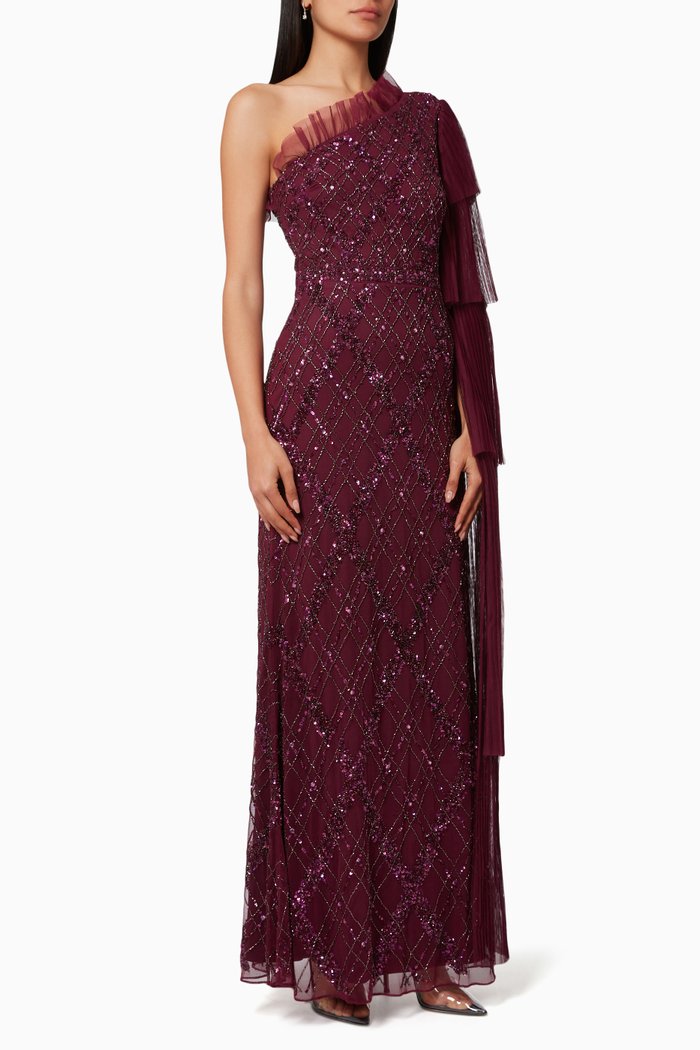

One Shoulder Cape Gown in Beaded Tulle, Purple