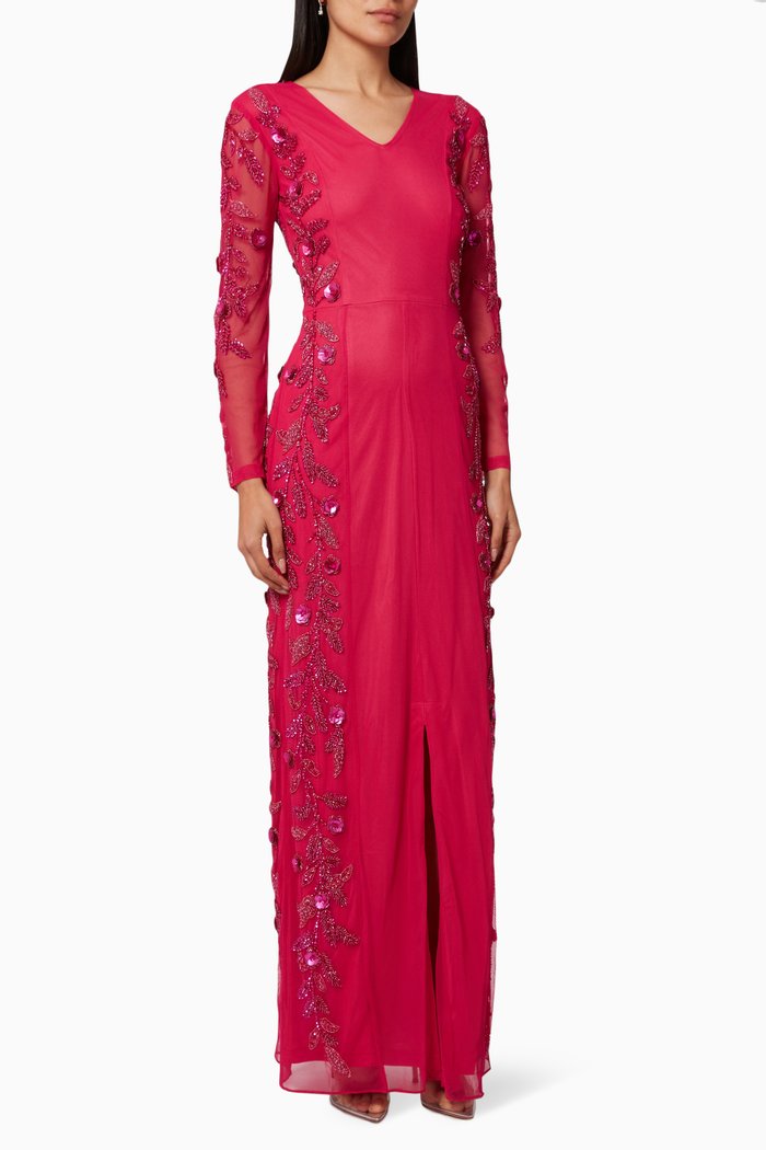 

Slit Gown in Beaded Net, Pink