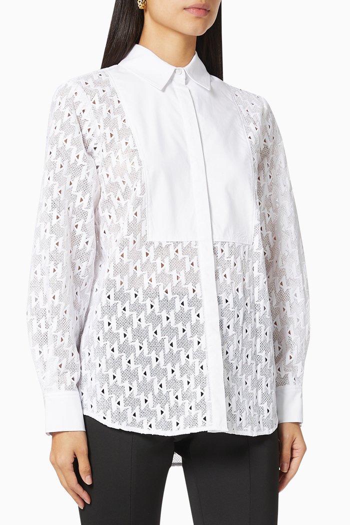 

KL Monogram Lace Bib Shirt in Cotton, White