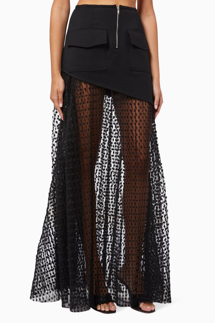 

Asymmetric Skirt in Wool & Tulle, Black