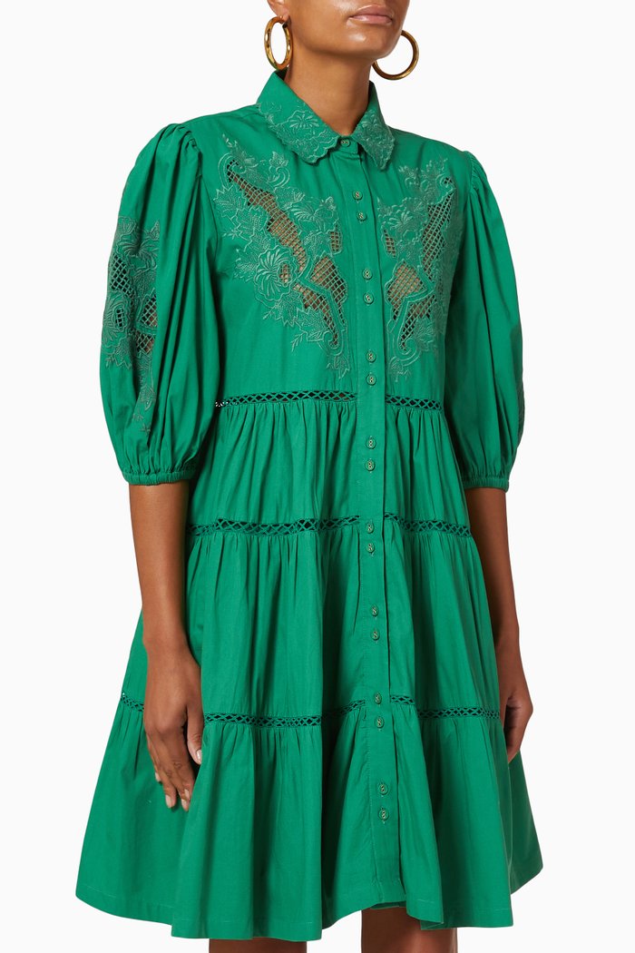 

Flora Embroidery Mini Dress in Cotton, Green