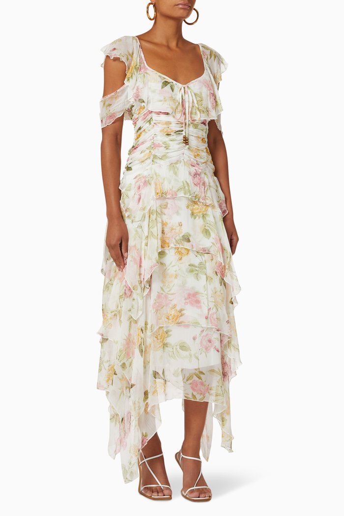 

Garden Party Ruffle Midi Dress in Viscose, Neutral