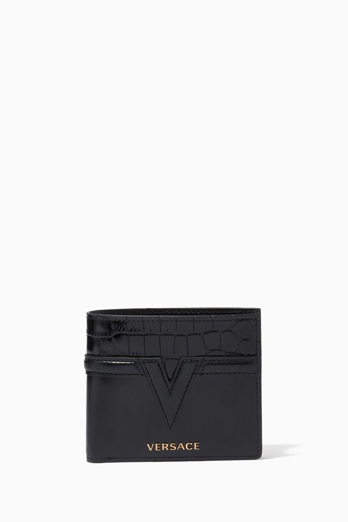 

V Wallet in Croc-embossed & Smooth Calfskin, Black