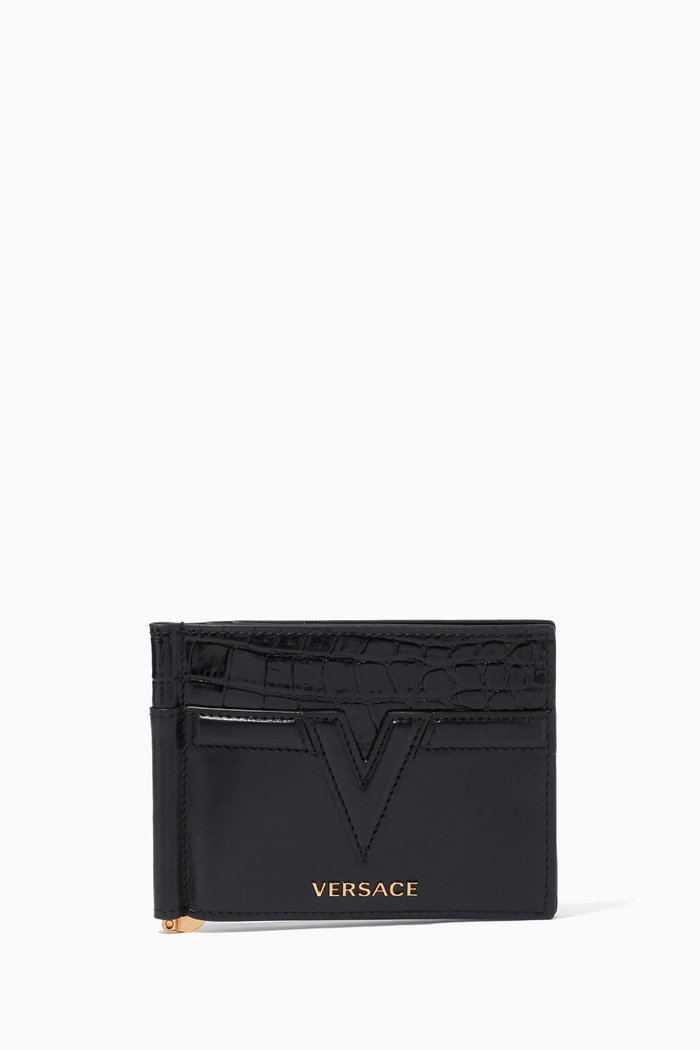 

V Bifold Wallet in Croc-embossed & Smooth Calfskin, Black
