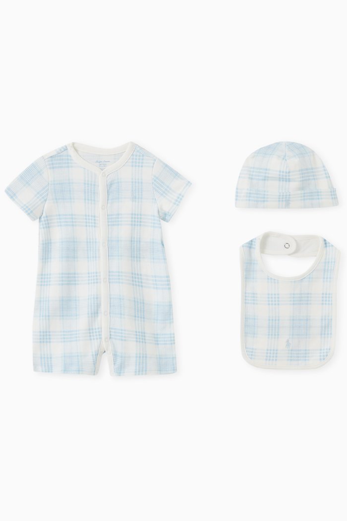 

Romper, Bib & Hat Gift Set in Cotton, Blue