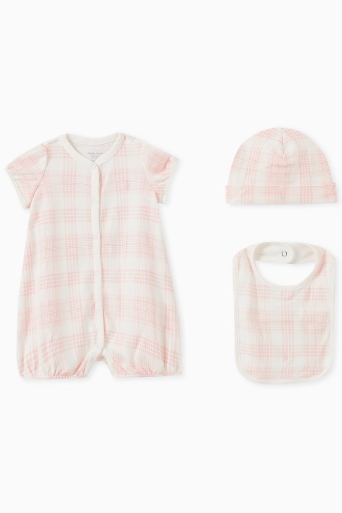 

Romper, Bib & Hat Gift Set in Cotton, Pink