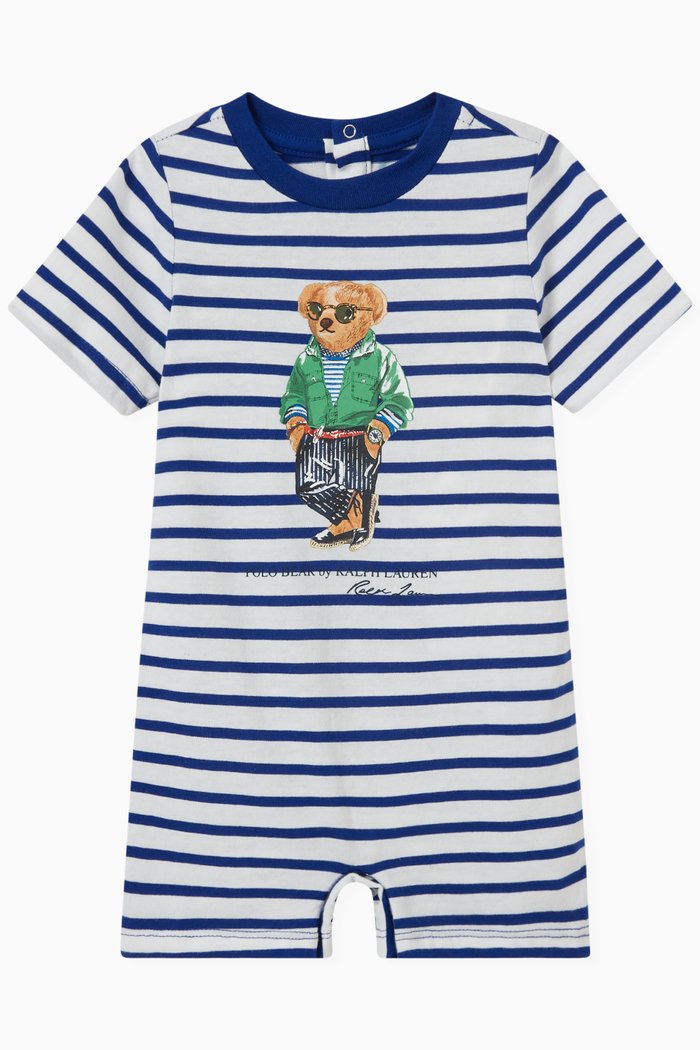 

Striped Polo Bear Romper in Cotton, Blue