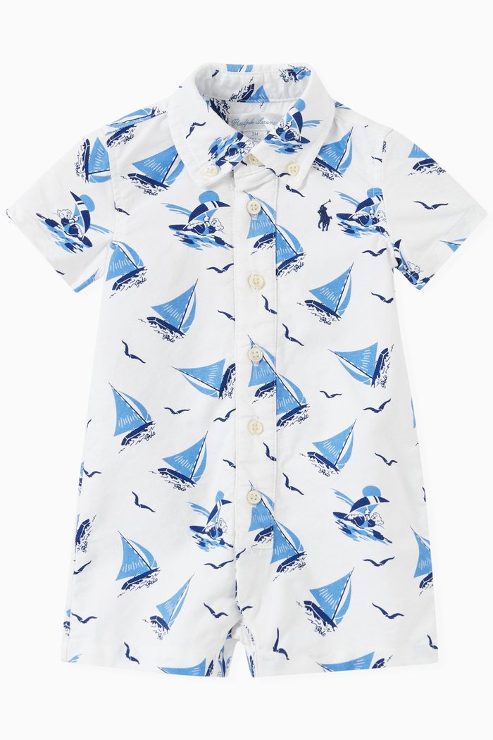 

Boat Print Romper in Oxford, White