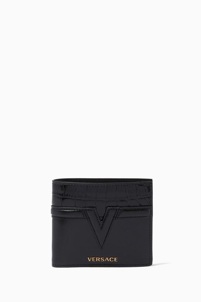 

V Bifold Wallet in Croc-embossed & Smooth Calfskin, Black