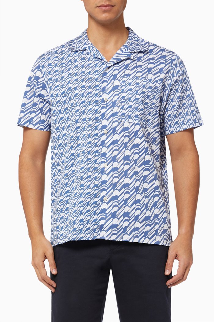 

Nostal Retro Print Camp Shirt in Cotton, Blue