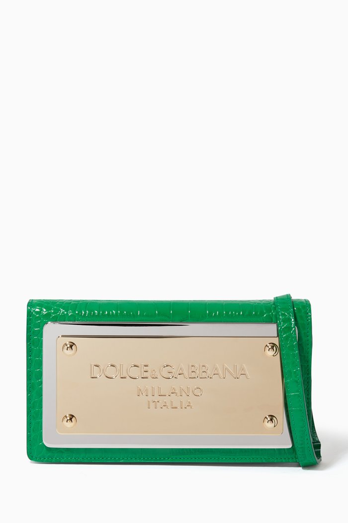 

Phone Bag with Logo Maxi-plate in Croc-embossed Leather, Green