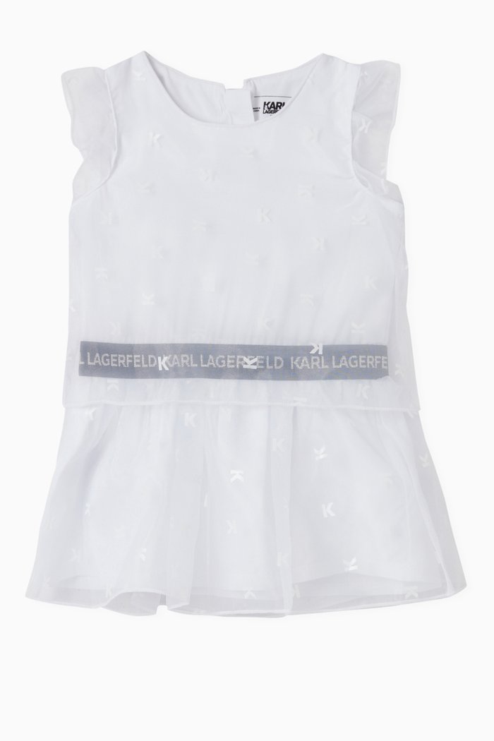 

Logo Waistband Dress with Tulle Overlay, White