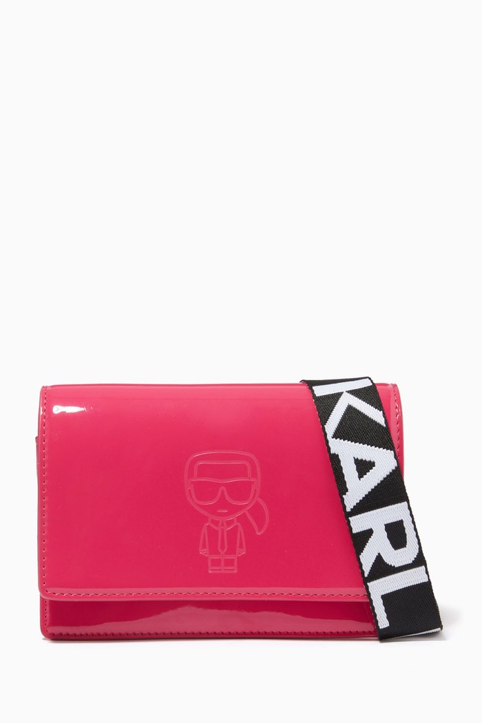 

Embossed Logo Shoulder Bag in Glossy Faux Leather, Pink