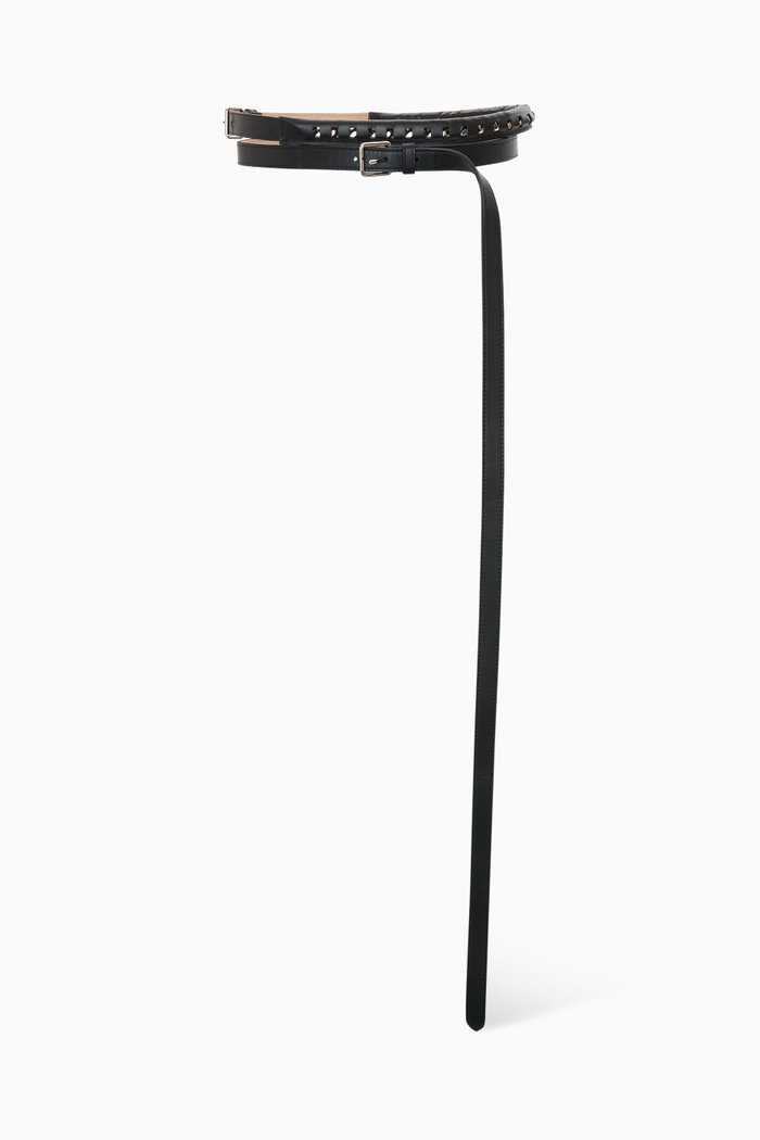 Double Buckle Long Thin Belt in Leather, Black