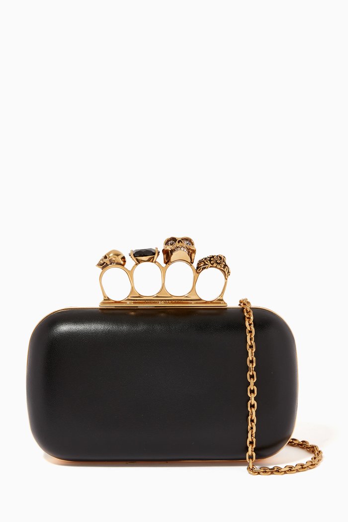 

Skull Four Ring Clutch in Leather, Black