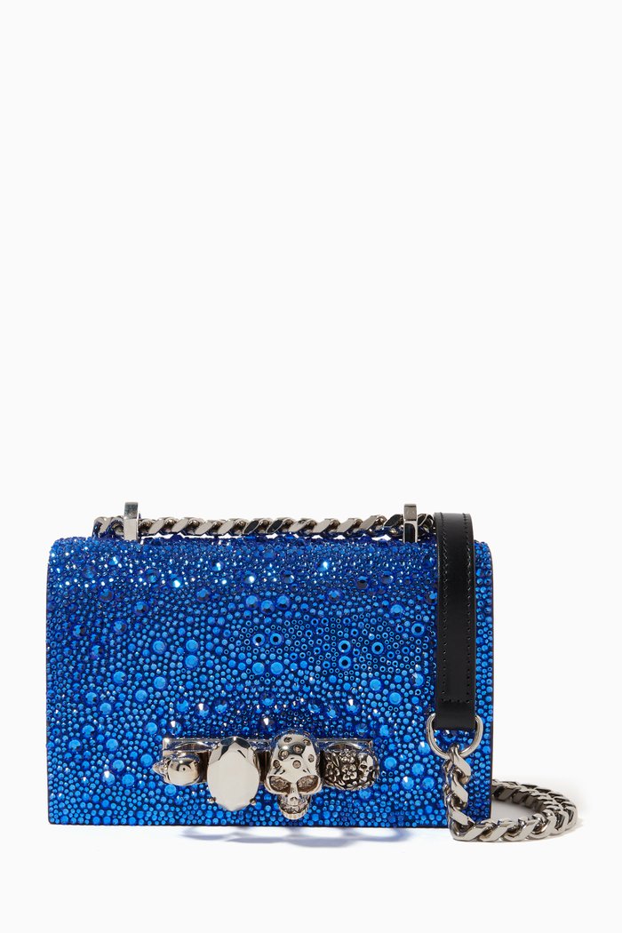 

Mini Jewelled Satchel Bag in Calf Leather, Blue