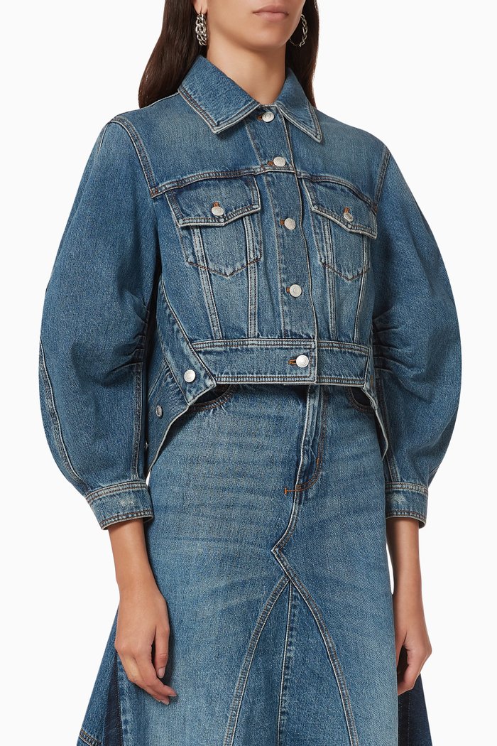 

Oversized Crop Denim Jacket in Cotton, Blue