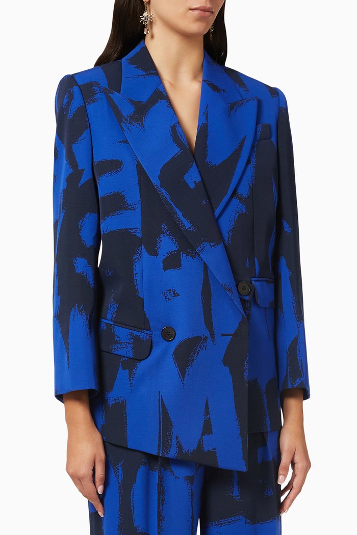 

Double-breasted Logo Graffiti Boxy Jacket in Wool, Blue