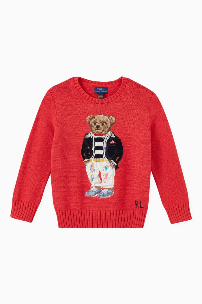 

Bear Intarsia Sweater in Cotton, Red