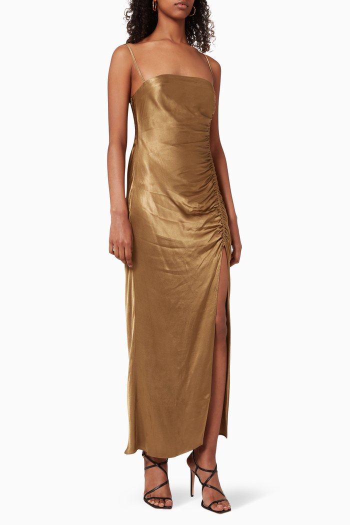 

Thalia Ruched Dress in Satin, Brown