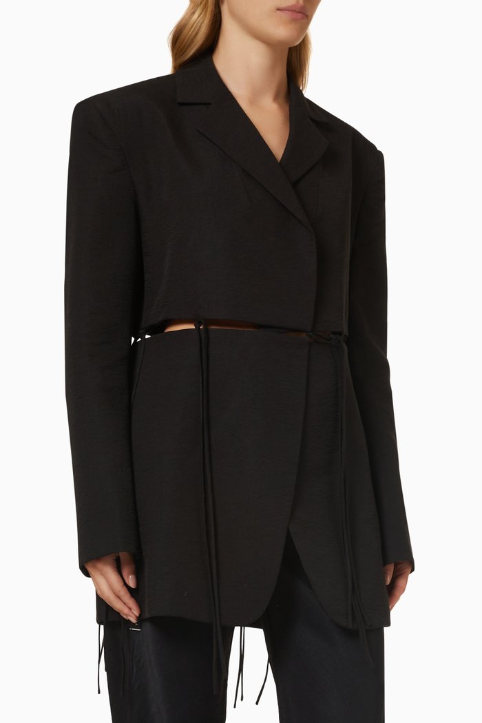 

Split Jacket in Cotton and Linen Blend, Black